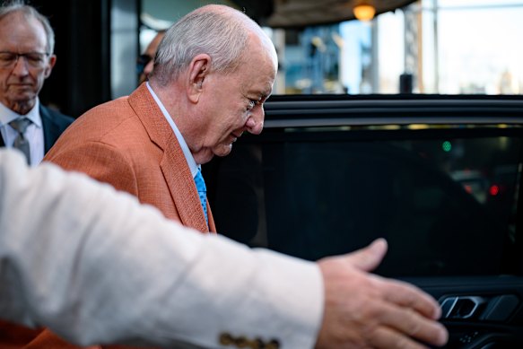 Alan Jones leaving the Downing Centre Local Court on Friday.