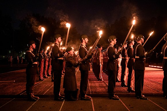 Soldiers participate in a Grand Tattoo ceremony honouring Donahue before his retirement at Julius Leber Barracks in Berlin on August 20, 2026. 