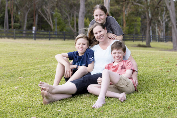 Bronwyn Grout with her children, Emily, 13, and twin boys Thomas and Daniel. 