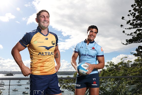 Zac Lomax of the Force (l) and Joseph-Aukuso Suaalii of the Waratahs (r) pose during a media opportunity at Murray Rose Pool.
