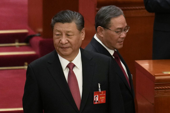 Chinese Premier Li Qiang with President Xi Jinping at National People’s Congress this month.