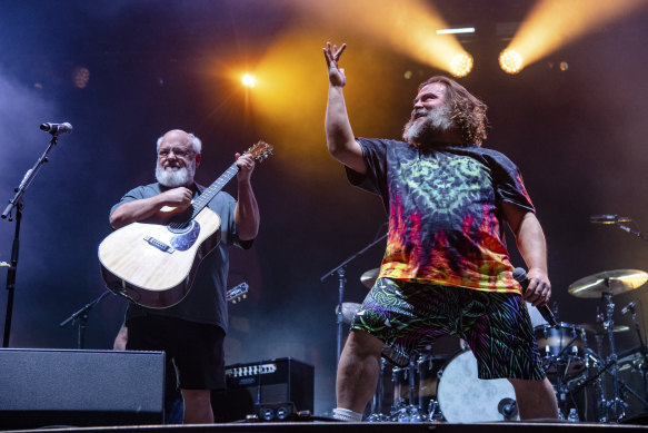 Kyle Gass and Jack Black of Tenacious D perform in 2022.