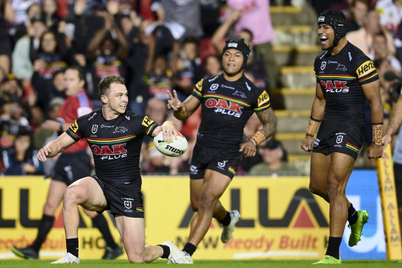 Dylan Edwards scores one of his four tries against Manly last weekend.