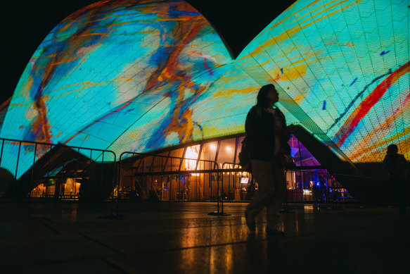 Artist John Olsen’s work projected on the sails of the Opera House for Vivid 2023.