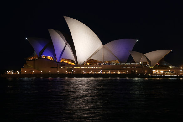 The blue and white colours of the Israeli flag projected onto the Opera House in October.