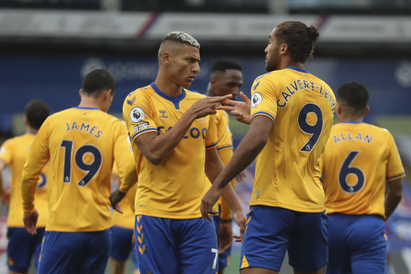 Richarlison (left) and Dominic Calvert-Lewin celebrate and Everton goal against Palace.