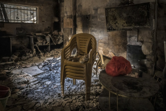The burnt interior of a house hit by an Israeli strike in the Nur Shams refugee camp, Tulkarm, West Bank.
