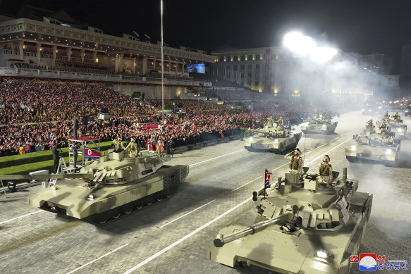 Military tanks take part in the parade marking the 70th anniversary of the armistice that halted fighting in the 1950-53 Korean War.