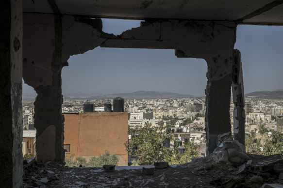 A view of Jenin in the West Bank from a mosque destroyed by an Israeli airstrike.