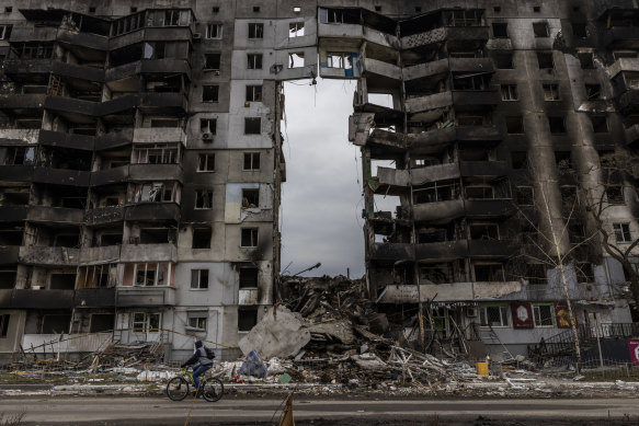 The wreckage of an apartment building in Borodyanka, Ukraine, where as many as 200 people are missing and presumed dead under the rubble.