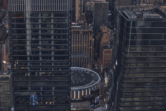 An aerial view of the Penn Station area in Manhattan.