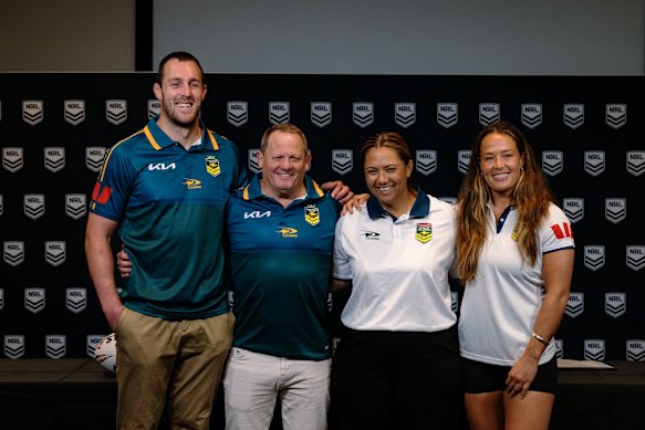 Kangaroos captain, Isaah Yeo, Kangaroos head coach, Kevin Walters, Jillaroos head coach, Jess Skinner, and Jillaroos captain, Isabelle Kelly, pose for a photograph after the press conference at NRL HQ. 