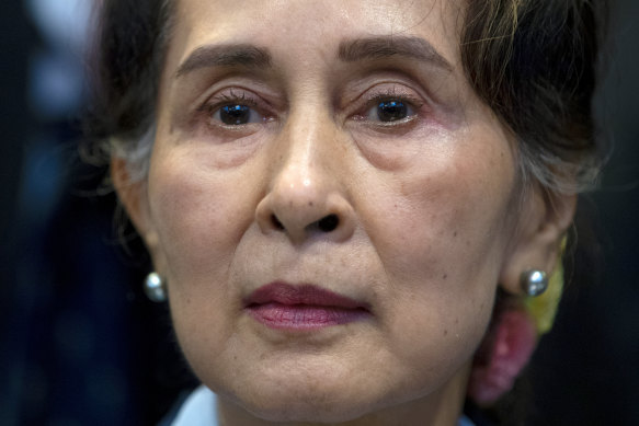 Myanmar’s ousted leader Aung San Suu Kyi, pictured in December 2019, is on trial.