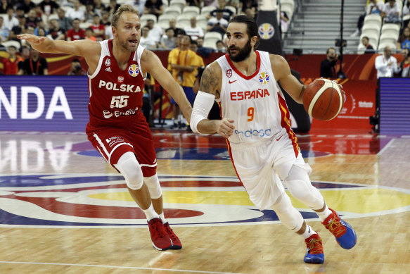 Ricky Rubio in action for Spain in their win over Poland.