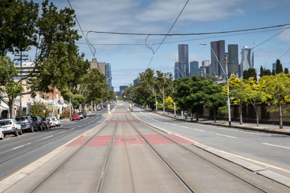 Empty Melbourne streets looking towards the city from Carlton North.