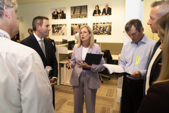 Treasurer Jim Chalmers and Minister for Finance Katy Gallagher in the SMH and Age bureau during the Budget lock-up. May 9, 2023. 