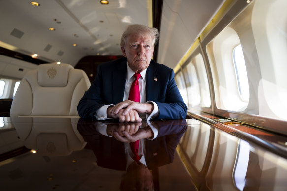 Former president Donald Trump on his own plane in 2024.
