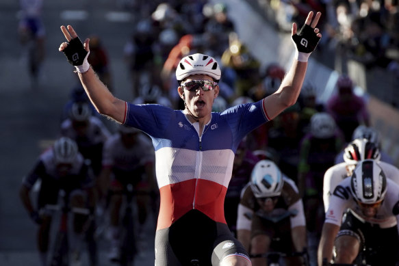 France's Arnaud Demare celebrates his win in stage six of the Giro d'Italia.