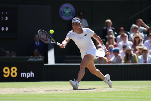 Ons Jabeur of Tunisia plays a forehand against Tatjana Maria of Germany during their women’s singles semi-final match.