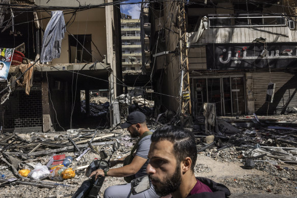 A destroyed street in Dahiyeh, the predominantly Shiite southern suburb of Beirut, after a barrage of Israeli airstrikes on Wednesday.