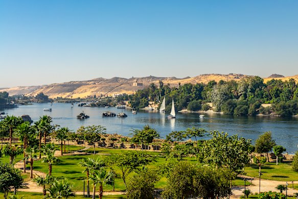 A view of the River Nile with feluccas in Aswan.