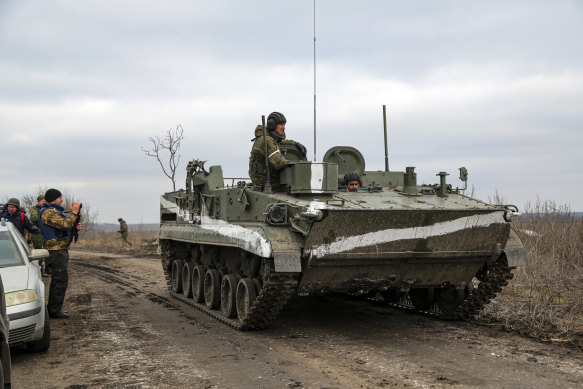 An armoured vehicle outside Mykolaivka in Donetsk region, the territory controlled by pro-Russian militants, in eastern Ukraine on Sunday.