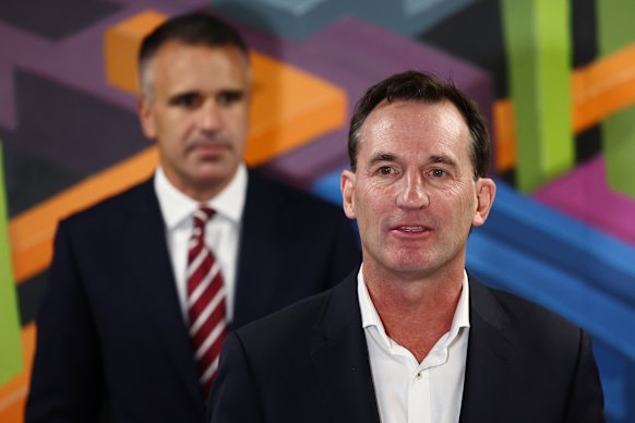 AFL chief executive Andrew Dillon with South Australian Premier Peter Malinauskas in Adelaide for Gather Round.