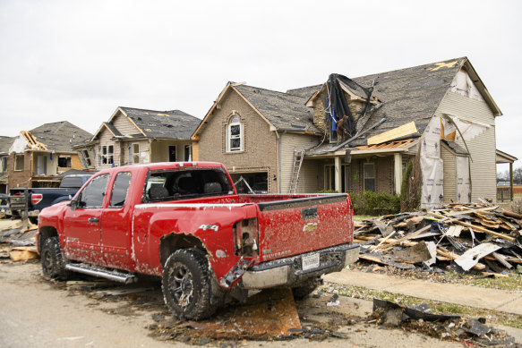 Houses damaged by a tornado in Clarksville, Tennessee.