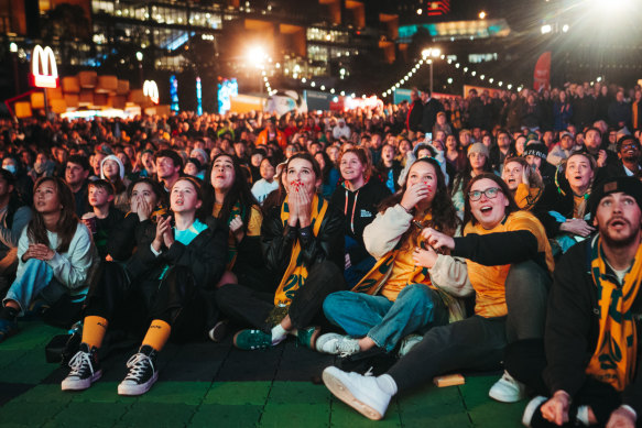 Soccer fans at Sydney’s Tumbalong Park for the World Cup game between the Matildas and Denmark.