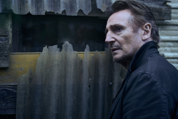 Liam Neeson as Travis Block on the set of the film Blacklight.