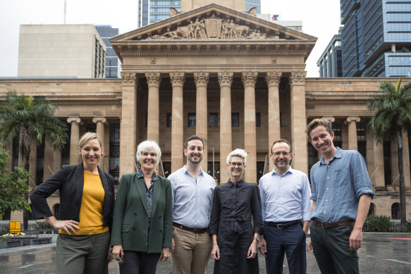 Greens leader Adam Bandt (second from right) with Queensland Greens colleagues Senator Larissa Waters, Ryan MP-elect Elizabeth Watson-Brown, Brisbane candidate Steven Bates, Senator-elect Penny Allman-Payne and Griffith MP-elect Max Chandler-Mather.