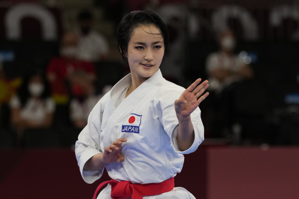 Kiyou Shimizu of Japan competes in the elimination round of the women’s kata. 