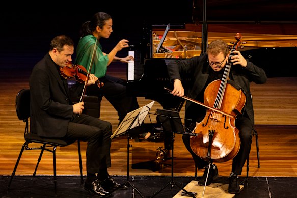 Violinist Kristian Winther, pianist Aura Go and cellist Timo-Veikko Valve at an earlier performance of Beethoven's Ghost.