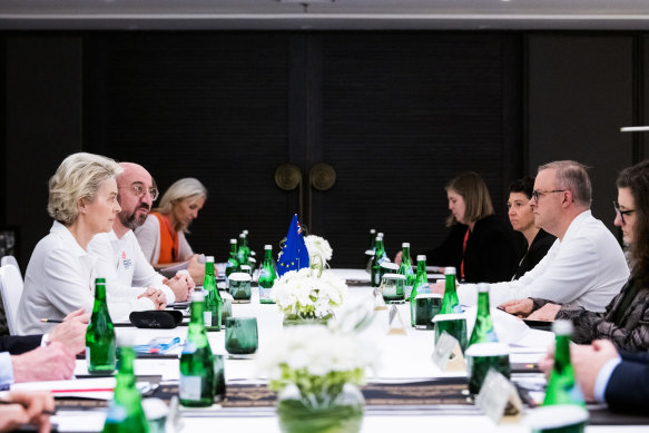 Prime Minister Anthony Albanese meeting with European Commission president Ursula von der Leyen and European Council president Charles Michel.