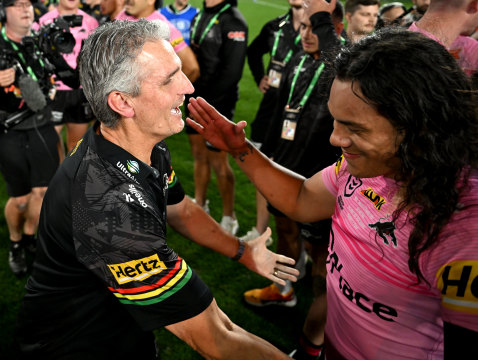 Ivan Cleary celebrates Sunday’s grand final win with departing star Jarome Luai
