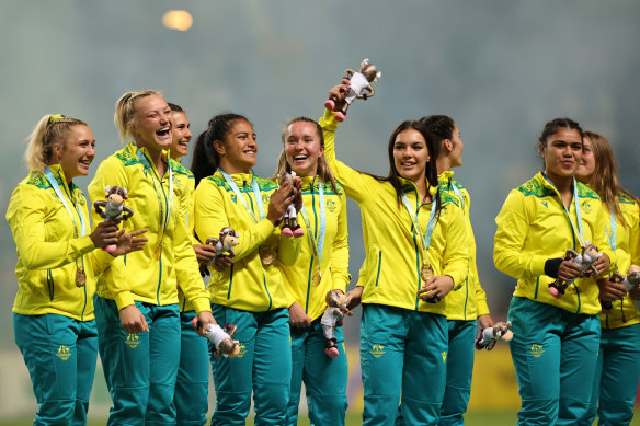 Australia celebrating their rugby sevens gold medal on Sunday.