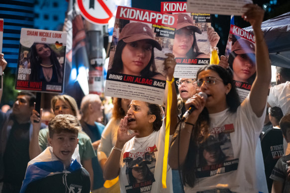 Families of the people kidnapped, as well as other supporters, at a rally in Tel Aviv on Saturday calling for the hostages to be brought home.