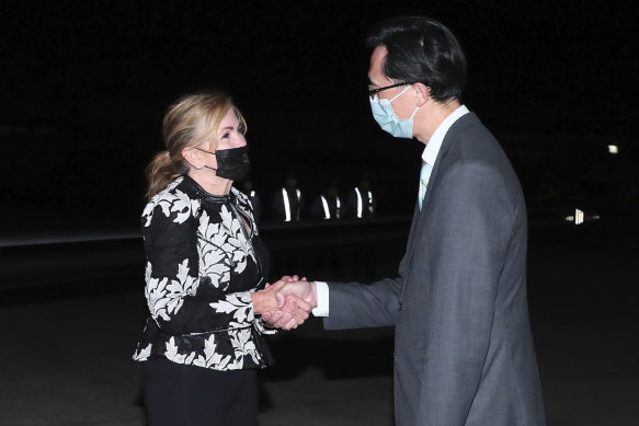 United States Senator Marsha Blackburn is greeted by Douglas Yu-Tien Hsu, Director-General, Taiwan’s department of North American Affairs, as she arrives on a plane in Taipei.