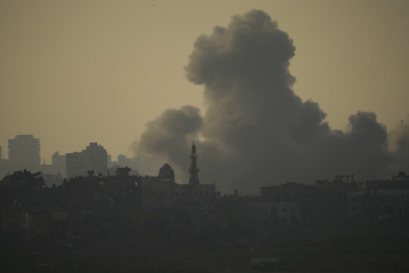 Smoke rises following an Israeli airstrike in the Gaza Strip, as seen from southern Israel.