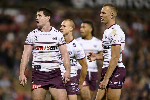 Tom Trbojevic looks dejected as the Panthers run in five tries in the first half.