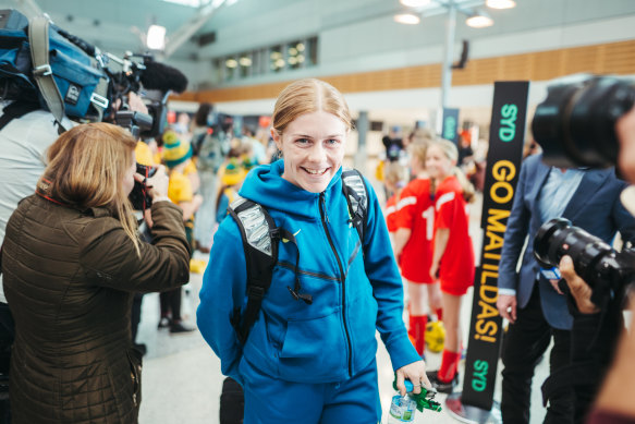 Penalty shoot-out hero Cortnee Vine arrives back in Sydney with the Matildas squad on Sunday.