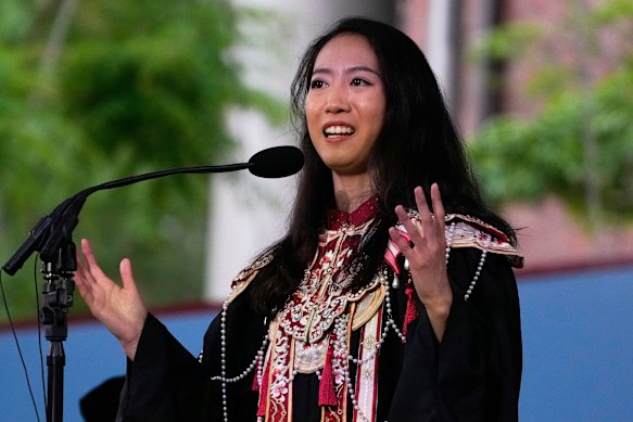 “It doesn’t have to be this way.” Yurong “Luanna” Jiang addresses classmates at a Harvard graduation ceremony on Thursday.