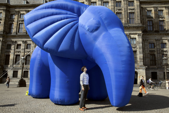 Engelhorn at the activist event in Amsterdam. The inflatable next to her is meant to represent “the elephant in the room” of tax justice. 