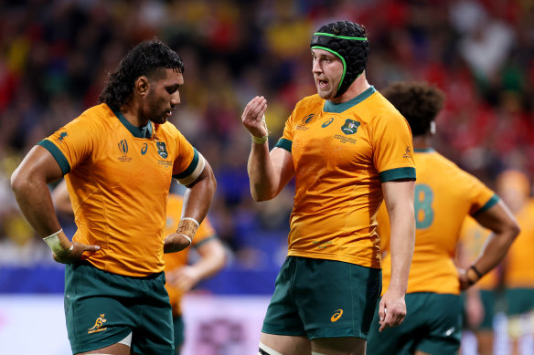 Nick Frost (right) with Robert Leota during the match against Wales.