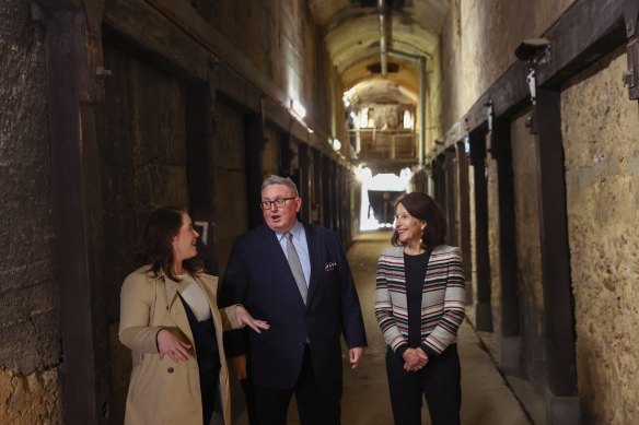 Special Minister of State and Minister responsible for Heritage Don Harwin,  North Shore MP Felicity Wilson and North Sydney mayor Jilly Gibson inside the tunnels of the Coal Loader. at Waverton.