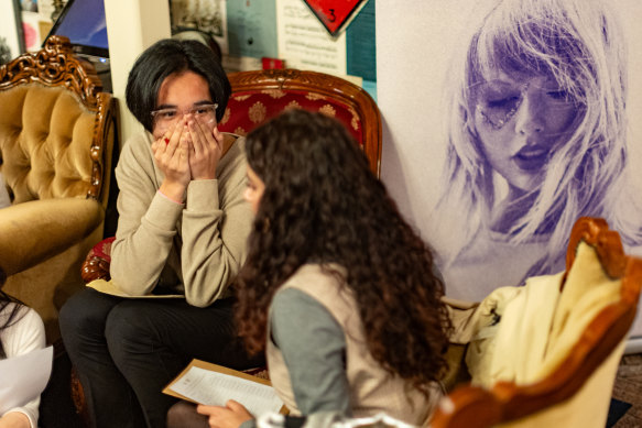 Swifties like Lachlan Lim (left) couldn’t contain their shock during some of the singer’s most pointed songs, such as Who’s Afraid of Little Old Me?