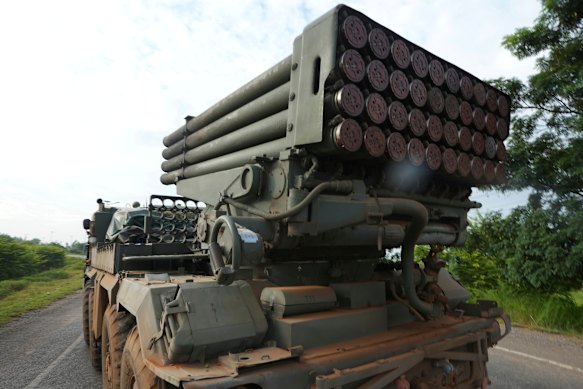 A Cambodian military vehicle carrying a rocket launcher in Oddar Meanchey province, Cambodia, on Friday.