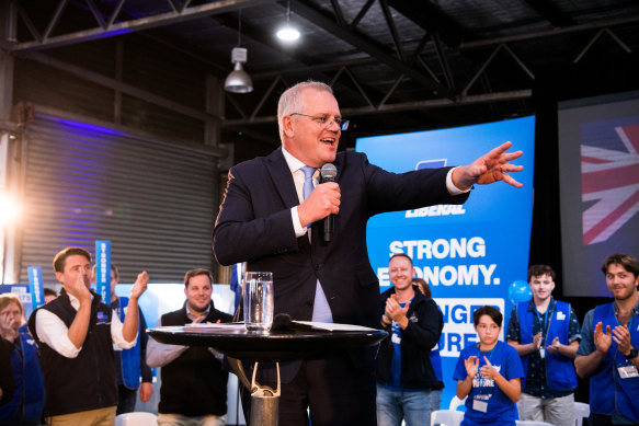 Scott Morrison attends a campaign rally at the RFDS hangar at Launceston Airport, in the Tasmanian seat of Lyons.