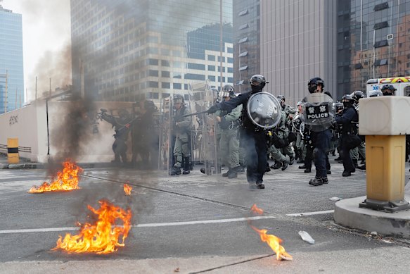 Riot police gather in Hong Kong.