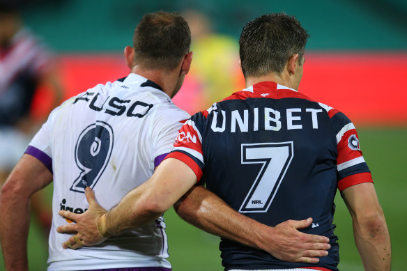 Mutual respect: Cameron Smith and Cooper Cronk acknowledge each other after the Roosters' win over the Storm.
